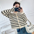 Round neck striped knitted cardigan short coat long sleeve sweater - BigCart