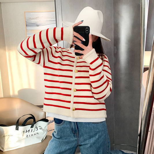 Round neck striped knitted cardigan short coat long sleeve sweater - BigCart