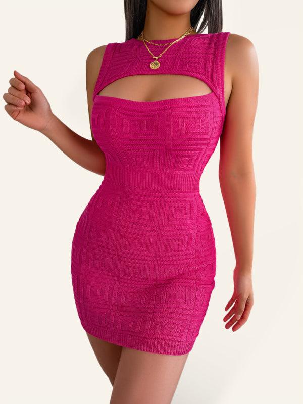 Women’s Solid Color Cable Knit Cutout Front Sleeveless Mini Dress - BigCart