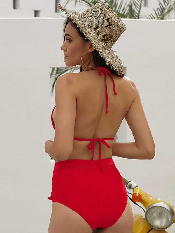Women's Pom-pom Sheer Mesh Insert High Waist Bikini Swimsuit Set - BigCart
