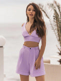 Women's Solid Color Crop Tank Top With Matching Button Shorts - BigCart
