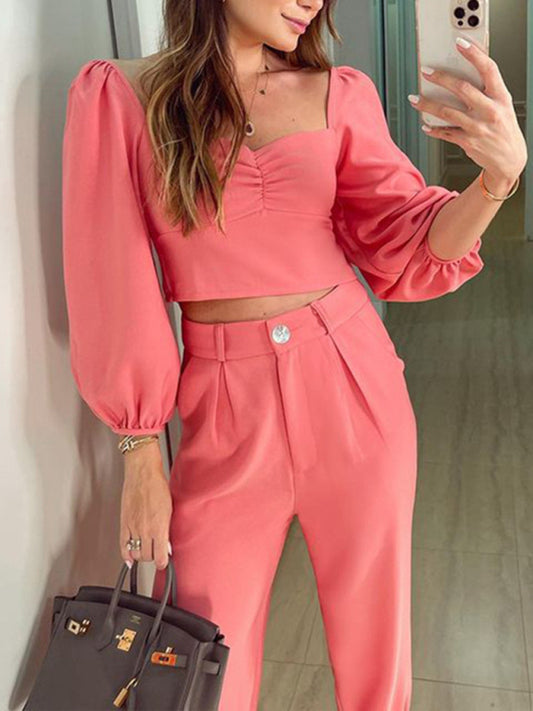 Women's Solid Color Ruched Neckline Chiffon Blouse With Matching Pants Two Piece Set - BigCart