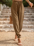 Women's Solid Color Elastic Waist Drawstring Pants - BigCart