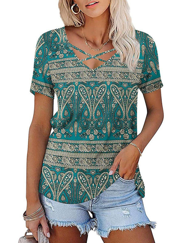 Women's knitted casual ethnic style V-neck short-sleeved T-shirt - BigCart