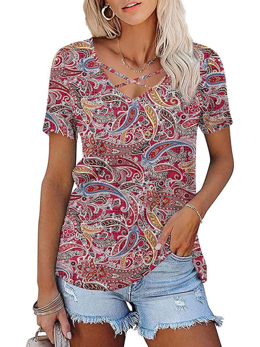 Women's knitted casual ethnic style V-neck short-sleeved T-shirt - BigCart