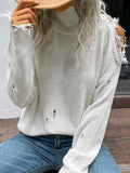 Shabby Long Sleeve Cutout White Turtleneck Sweater - BigCart