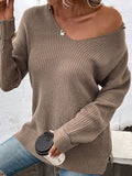 Long-sleeved solid color v-neck loose casual sweater - BigCart
