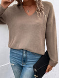 Long-sleeved solid color v-neck loose casual sweater - BigCart