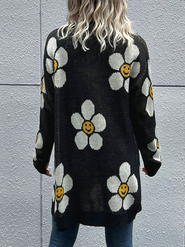 Women's mid length floral long sleeve sweater cardigan - BigCart