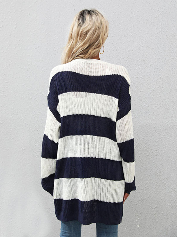 Women's Long Sleeve Striped Cardigan Sweater Jacket - BigCart