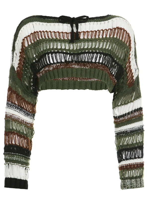 Colorful striped hollow loose casual woolen blouse for women - BigCart