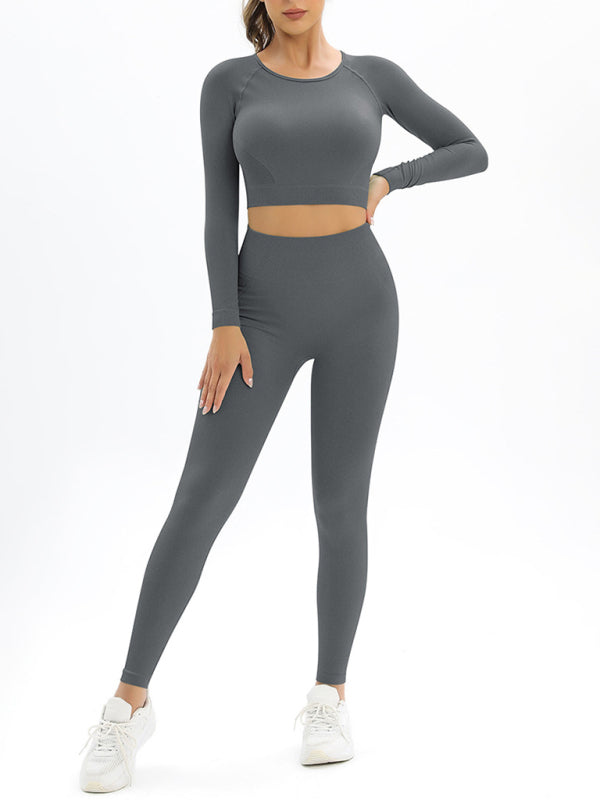 Women's seamless body-fitting beautiful back high elastic long-sleeved sports two-piece suit - BigCart